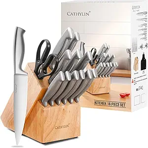 16-piece High-Carbon Stainless Steel Knife Set with Built-in Sharpener Knife Block Set
